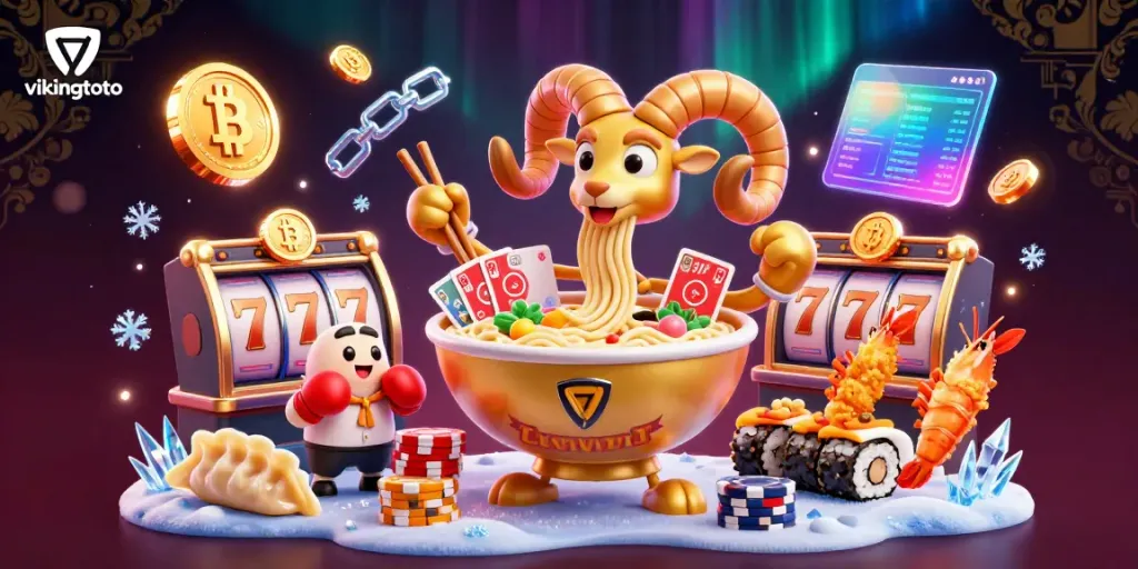 Engage with slot games at vikingtoto, featuring a whimsical ramen bowl dealer amidst vibrant casino elements.