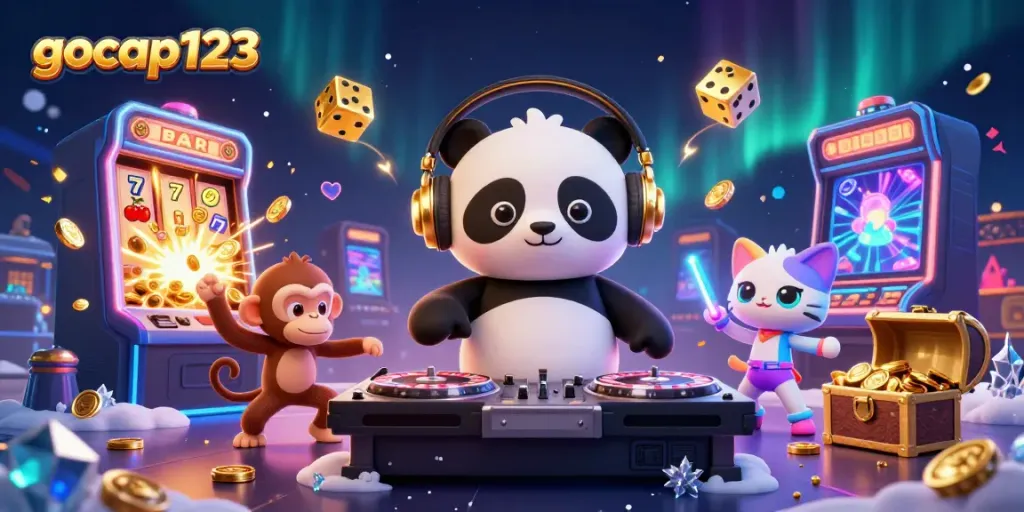 Visualisasi menarik tentang gocap123 dengan panda DJ dan banyak elemen permainan kasino.