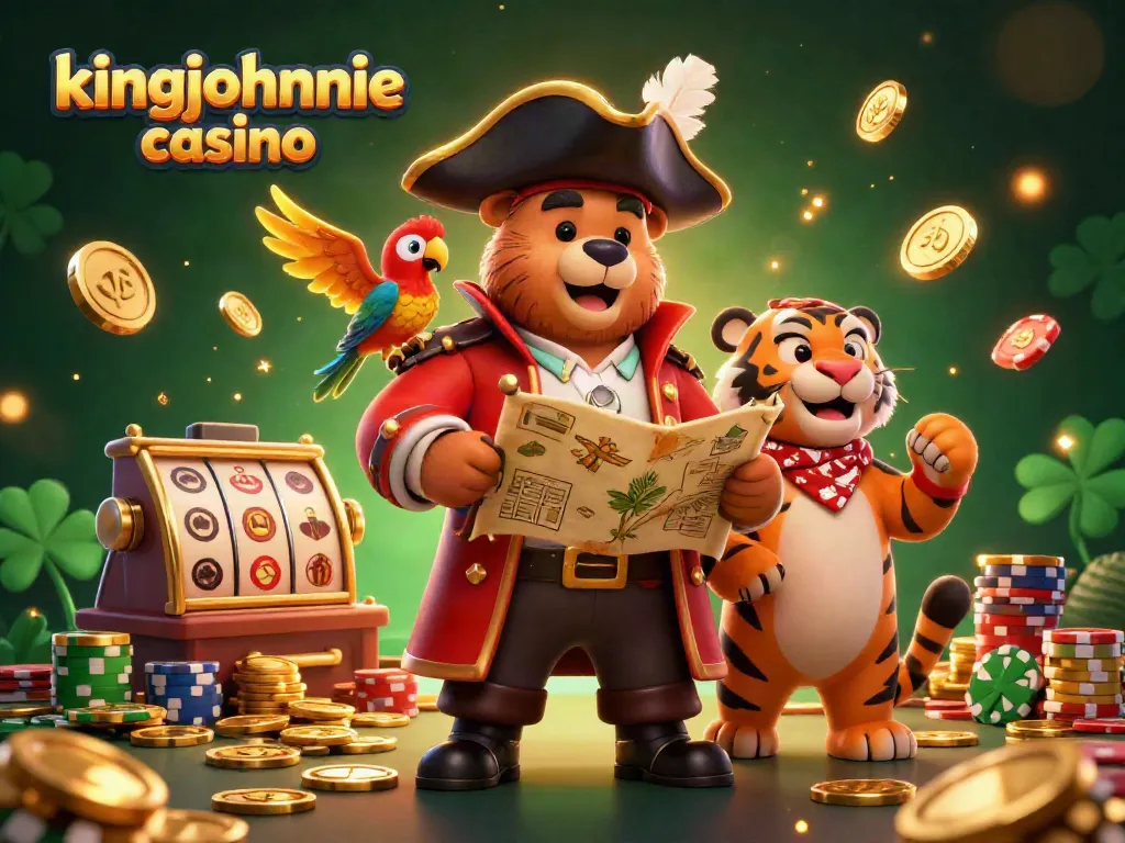 Experience the excitement at kingjohnnie casino with a vibrant 3D pirate-themed illustration.