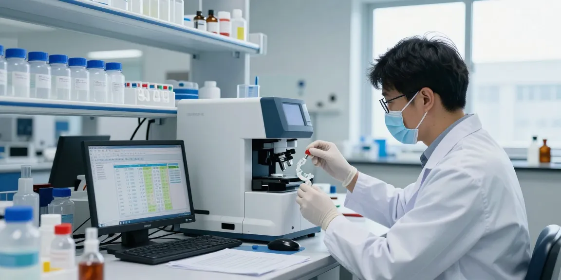 Scientist using peptideprice tool in a modern lab environment to analyze peptide samples and pricing.