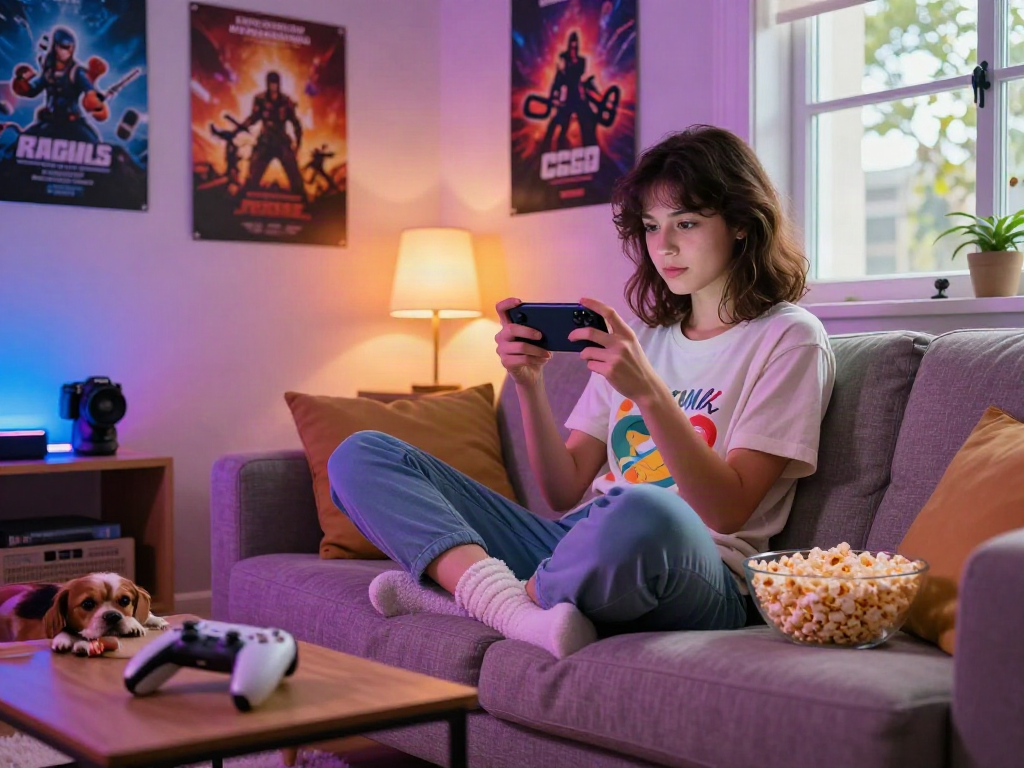 Engrossed in mobile porn games, a woman enjoys gaming on her phone in a cozy living room.