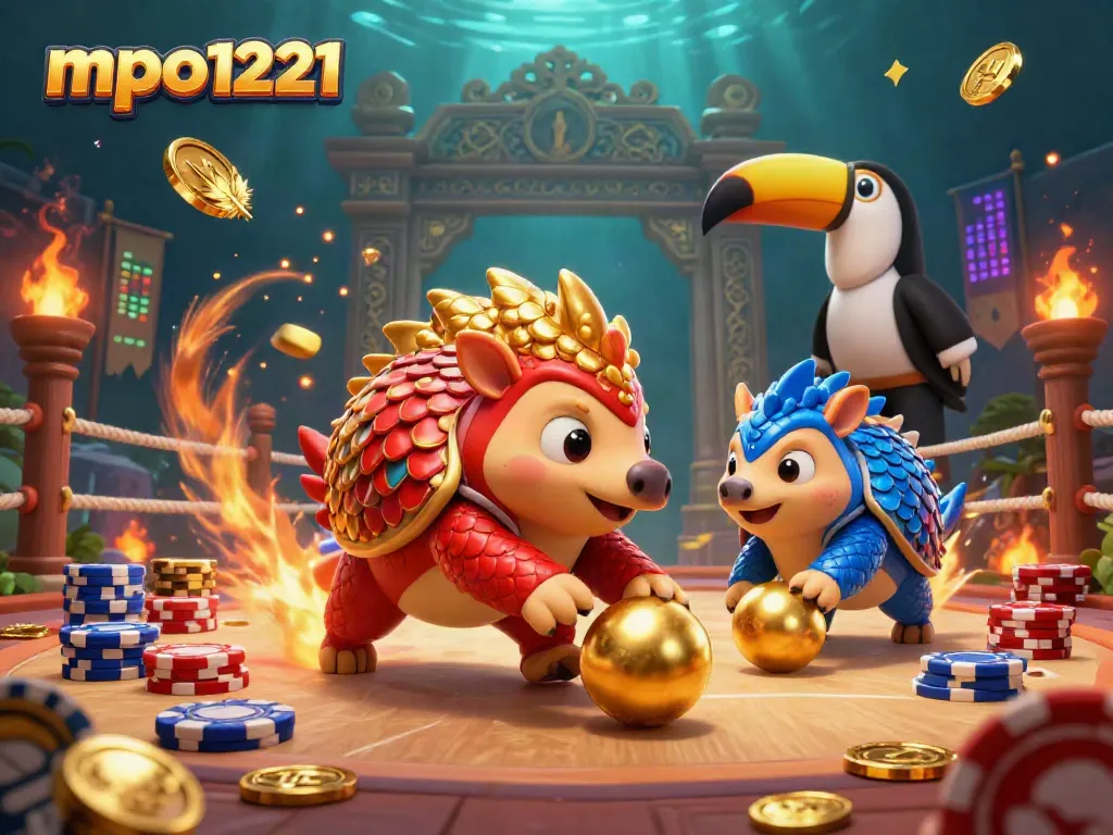 Experience the excitement of mpo1221 with pangolins bowling through poker chips in a dynamic 3D illustration.