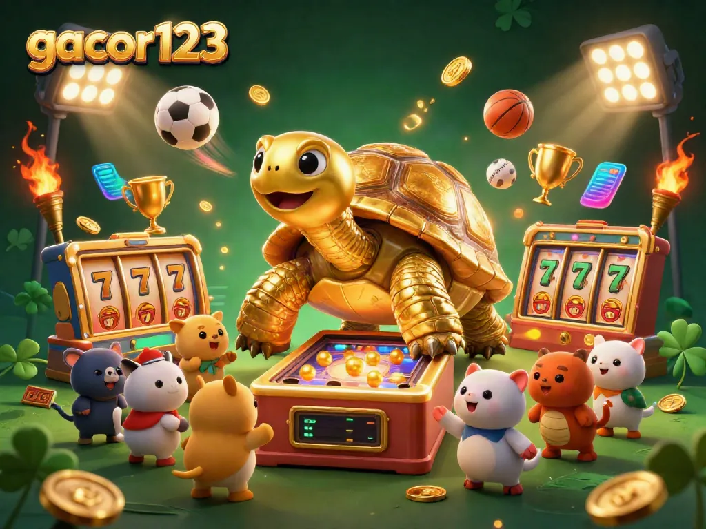 Experience excitement at gacor123 with a vibrant casino scene featuring a golden tortoise pinball and slot games.