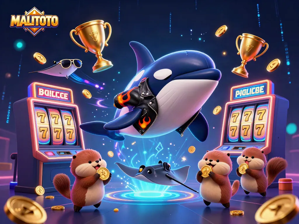 MALITOTO showcases an orca whale, stingray, and sea otters celebrating jackpot wins in a vibrant casino setting.