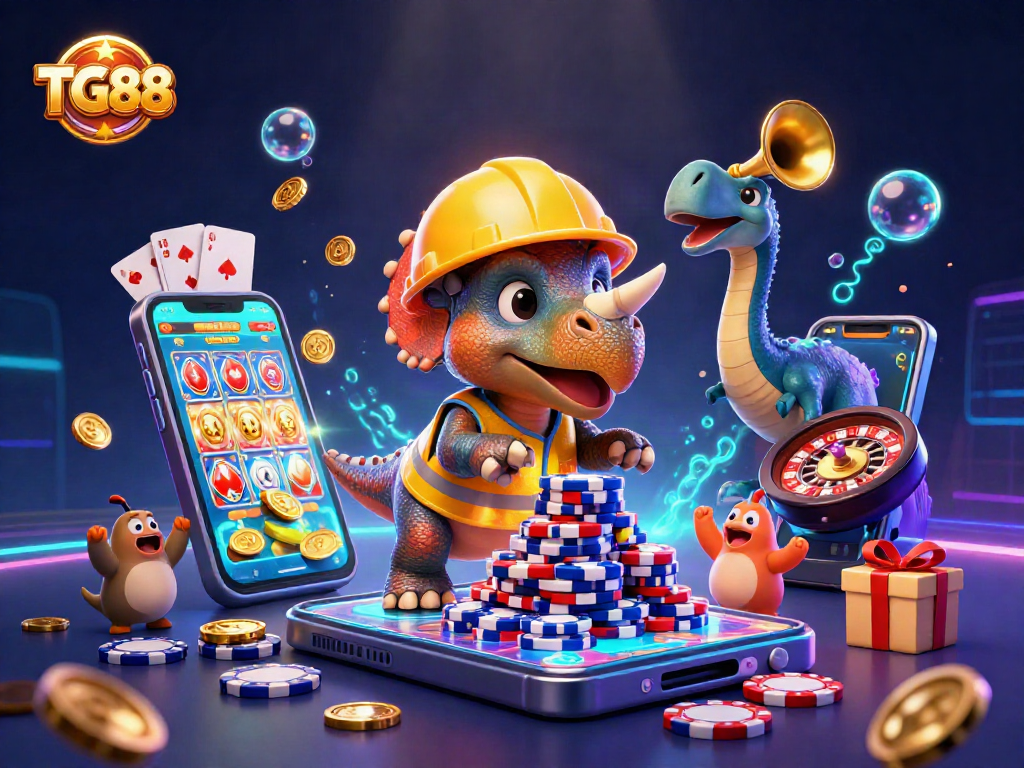 Engage with TG88 as the triceratops builds a tower of poker chips against a vibrant casino backdrop.