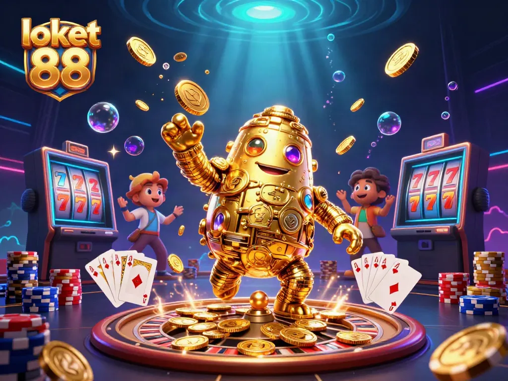 Experience thrilling jackpots with loket 88 in this vibrant casino scene featuring a golden golem and playing cards.