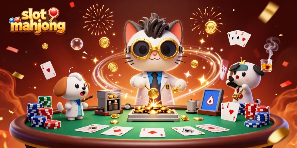 Engage with slot mahjong in a vibrant 3D scene featuring a cat and dog amid casino elements.