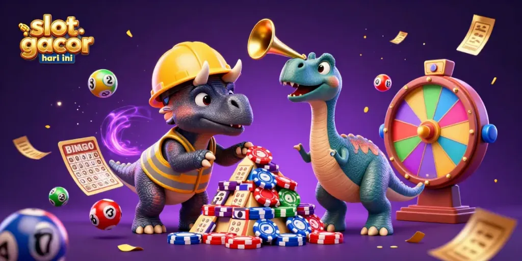 Celebrate winning moments with slot gacor hari ini featuring a cheerful triceratops building a poker chip pyramid.