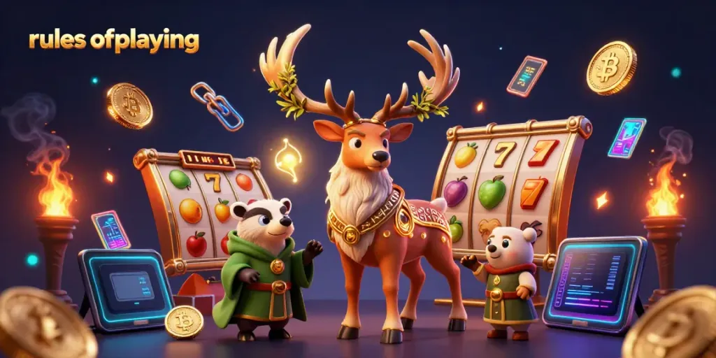 Engage in rulesofplaying with a druid stag, badger, and vibrant slot elements in a magical casino scene.