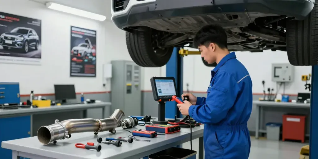 DPF regeneration process in an automotive workshop with a technician using diagnostic tools.