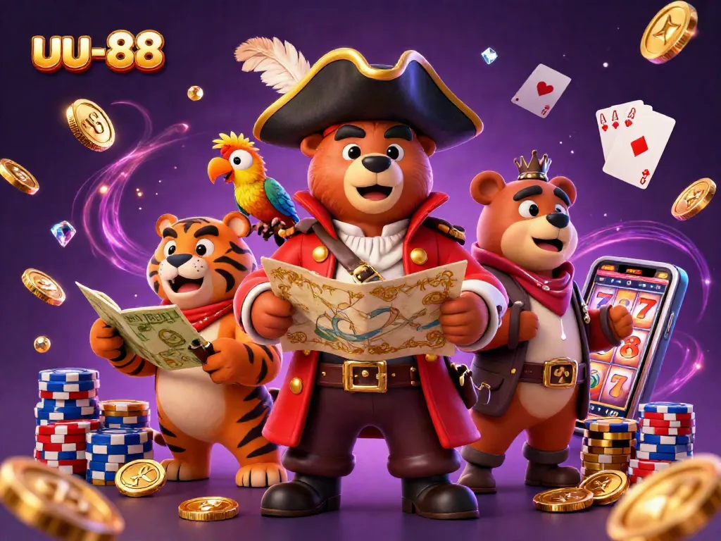 Join the fun with uu-88 slots as a pirate captain bear and his crew celebrate winning treasures!