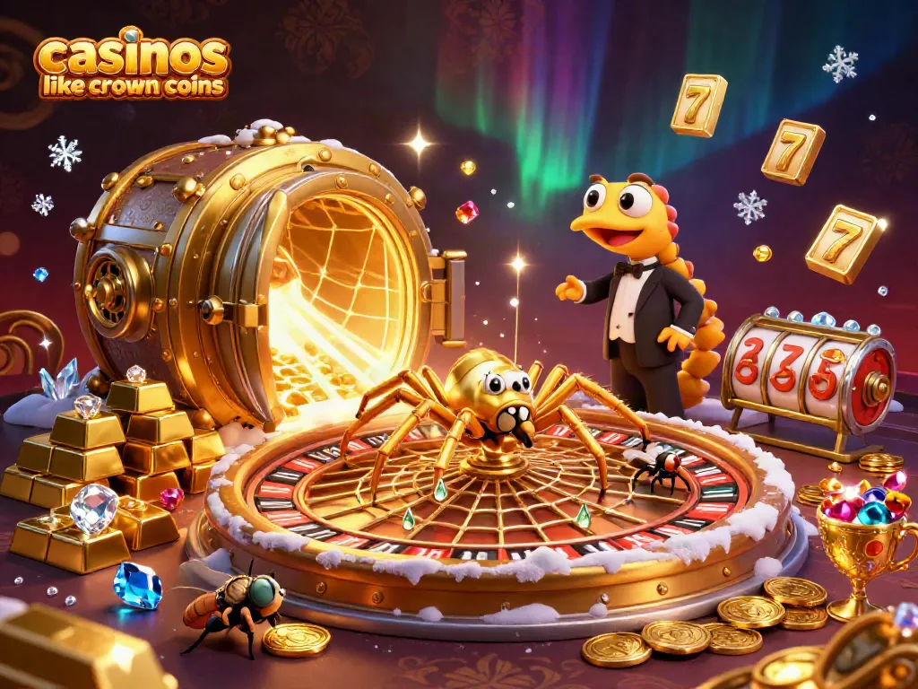 Engage in gameplay with casinos like crown coins, featuring a roulette-inspired web and vibrant gems.