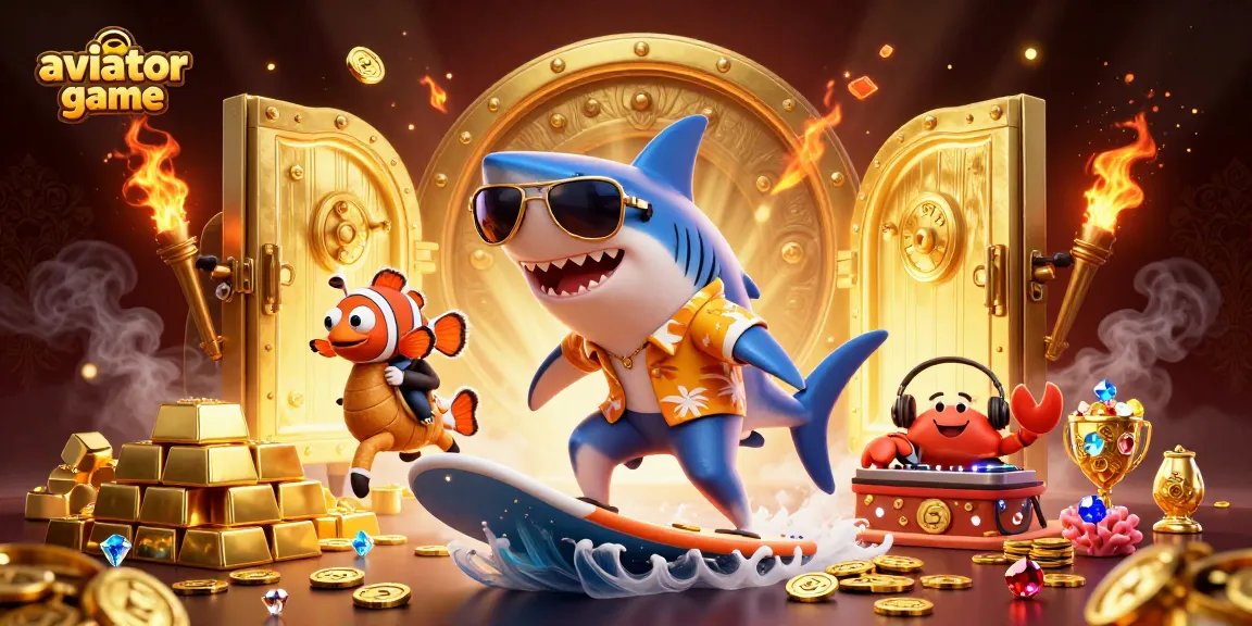 Aviator game thrill with cartoon shark surfing gold coins and playful ocean characters.