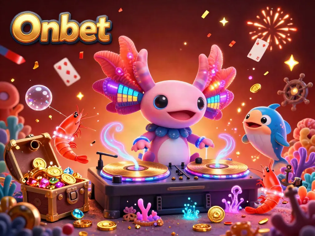 Engage with Onbet's vibrant underwater casino scene featuring a DJ axolotl and animated sea creatures.