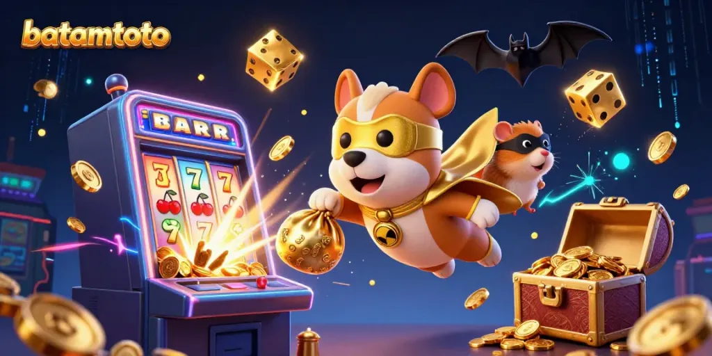 Experience batamtoto excitement with a vibrant scene of a superhero dog and hamster amidst slot machine action.