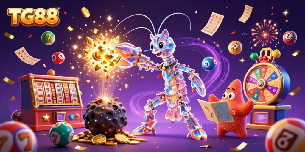 Experience the thrill of TG88 with a vibrant 3D illustration of a galactic shrimp and starfish among slot machines and lottery elements.