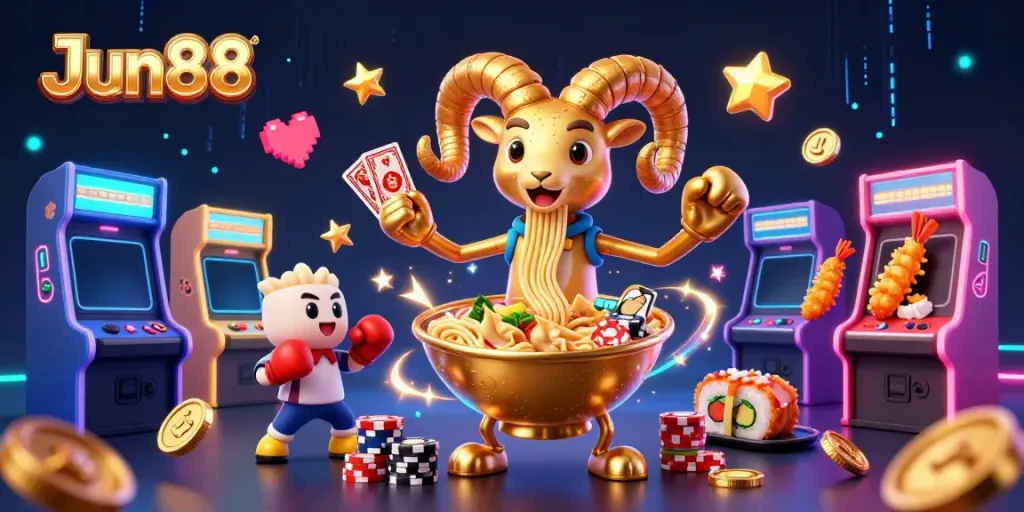 Engage with Jun88's dynamic gaming experience featuring fun characters and vibrant casino elements.