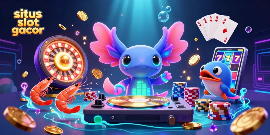 Sparkling scene with situs slot gacor theme featuring an axolotl DJ amidst vibrant casino elements.