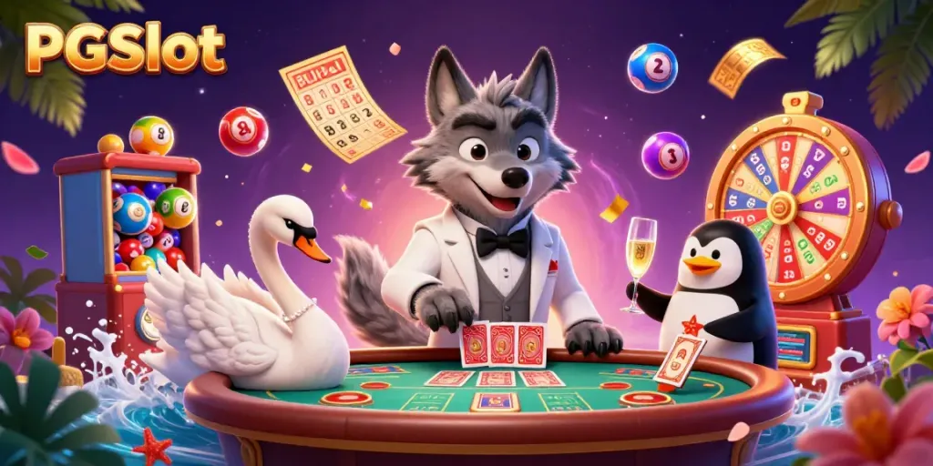 Experience the thrill of PGSlot with a 3D wolf at baccarat, surrounded by vibrant casino elements.