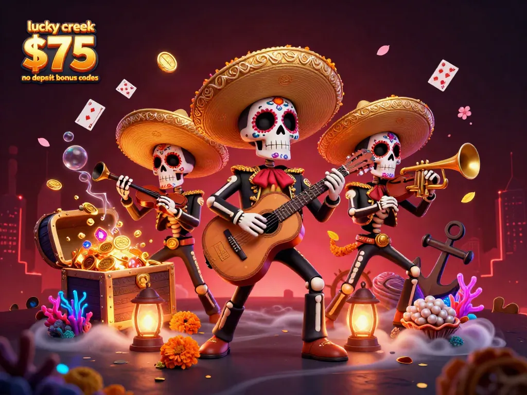 Experience the thrill of lucky creek $75 no deposit bonus codes with colorful mariachi skeletons celebrating by a treasure chest.