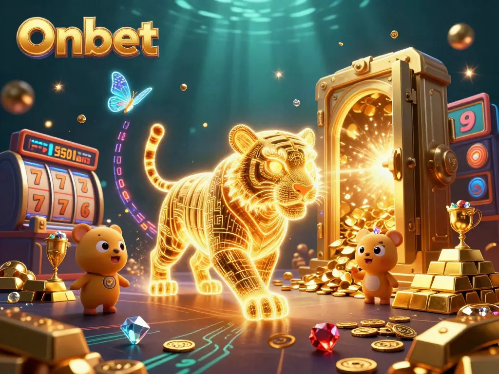 Experience Onbet's excitement with a dazzling neon-wireframe tiger among casino treasures and games!