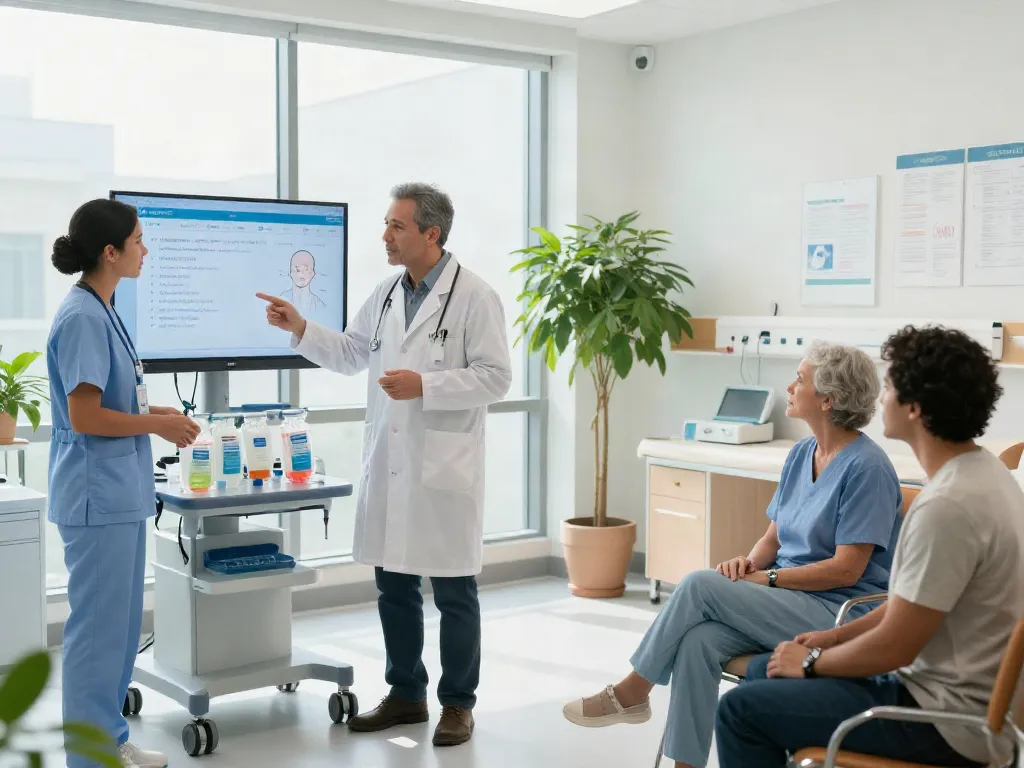 Healthcare professionals collaborating on CAR-T therapy treatment in a modern hospital setting.