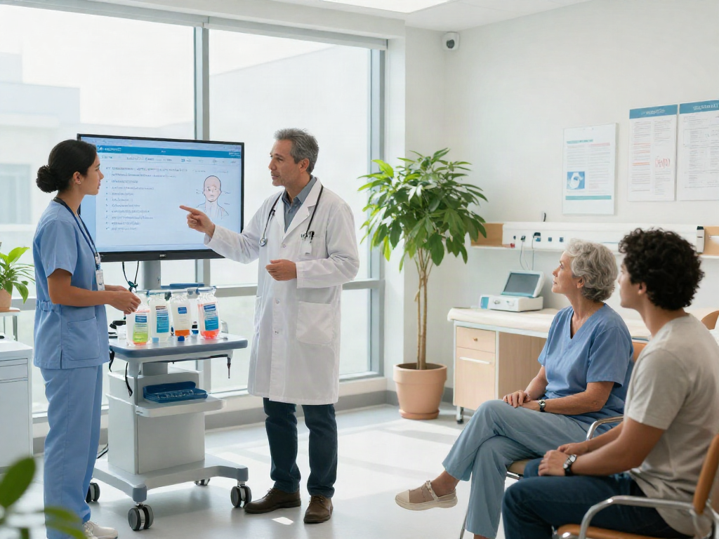 Healthcare professionals collaborating on CAR-T therapy treatment in a modern hospital setting.