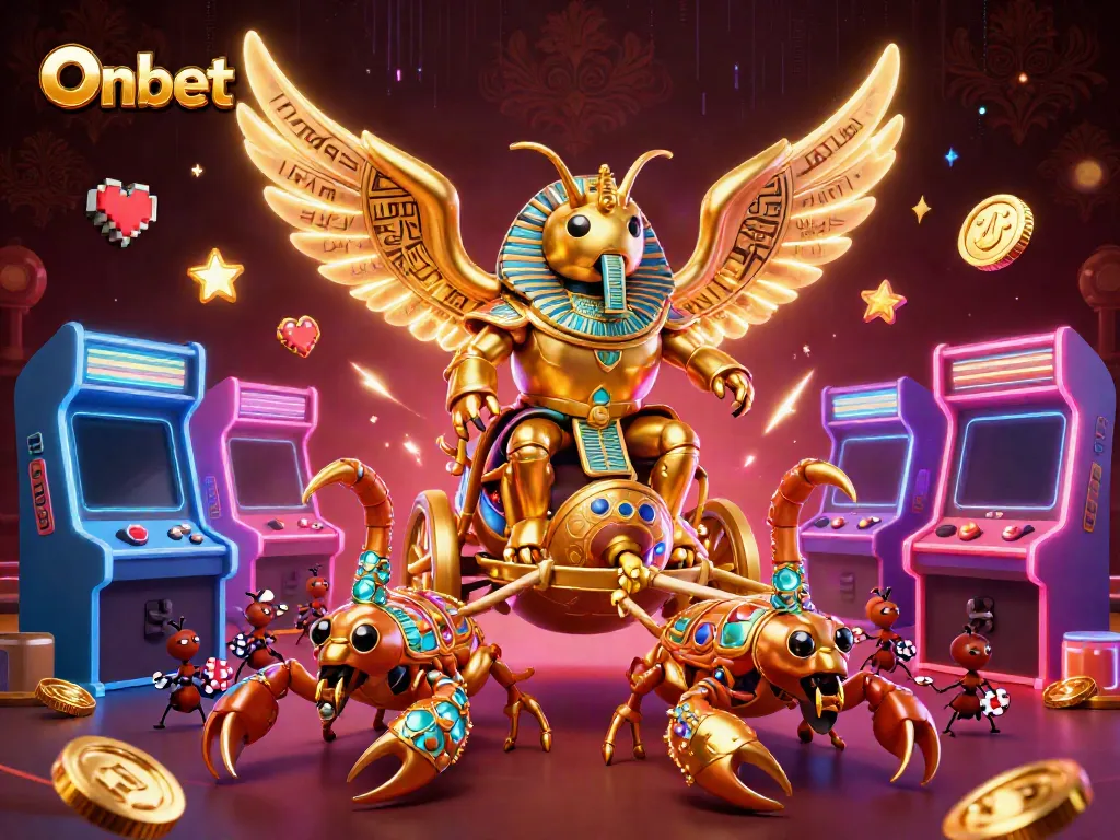 Experience thrilling gaming at Onbet with colorful casino elements and engaging characters in a vivid 3D illustration.