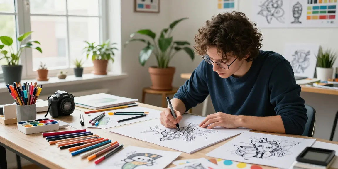 Artist using a colorful range of markers in a bright studio illustrating the versatility of a marker pen supplier.