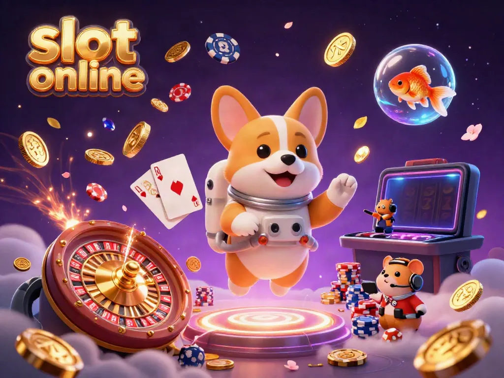 Experience the thrill of slot online with a captivating scene of an astronaut corgi in a vibrant casino space station.