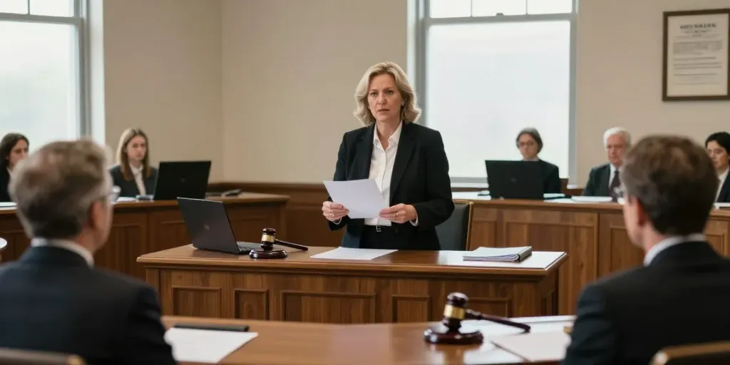 Karen McCleave crown attorney confidently presenting a case in a courtroom.