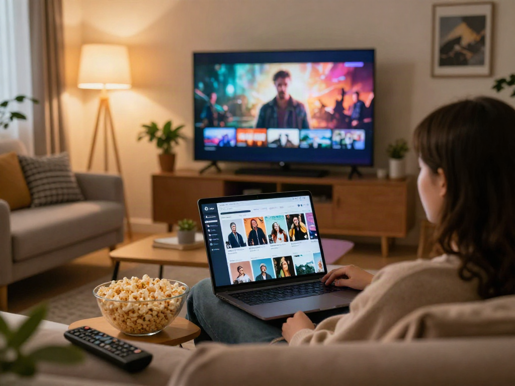 Explore the Moviebox app in a cozy living room, perfect for movie nights.
