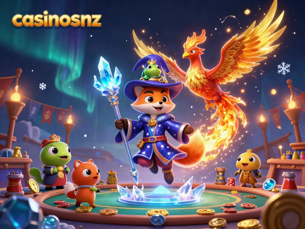 Experience casinosnz with a mystical wizard, phoenix, and enchanted frog amidst vibrant gambling elements.