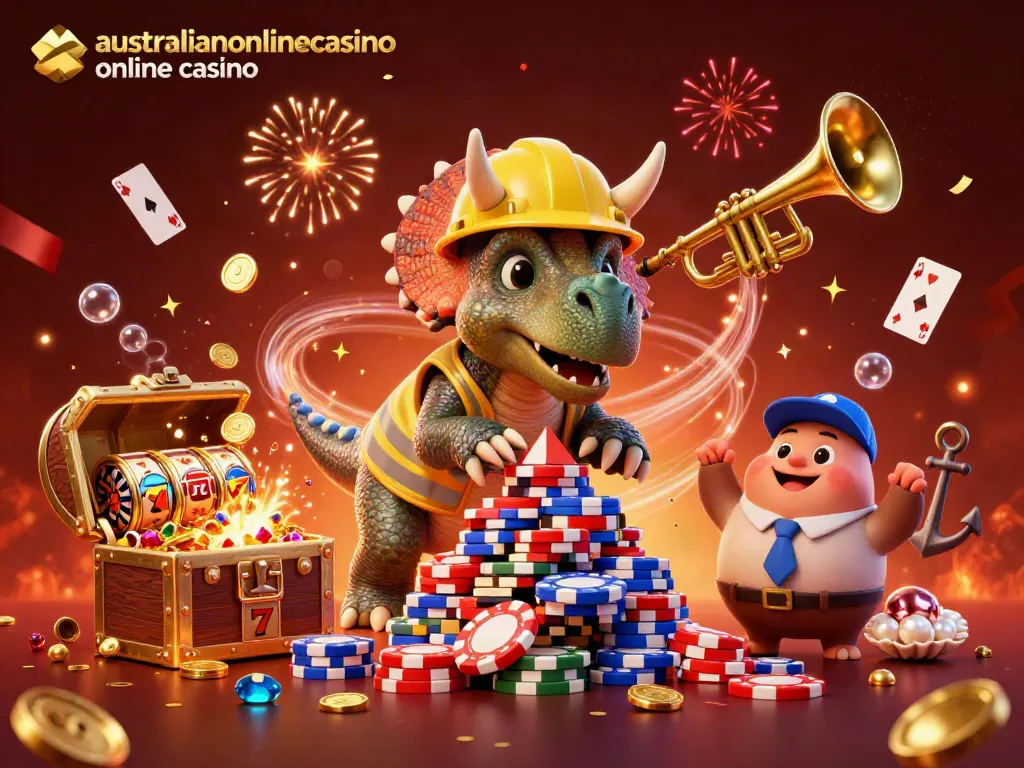 Cheering characters celebrate while building poker chip pyramids, showcasing Australianonlinecasino online casino.