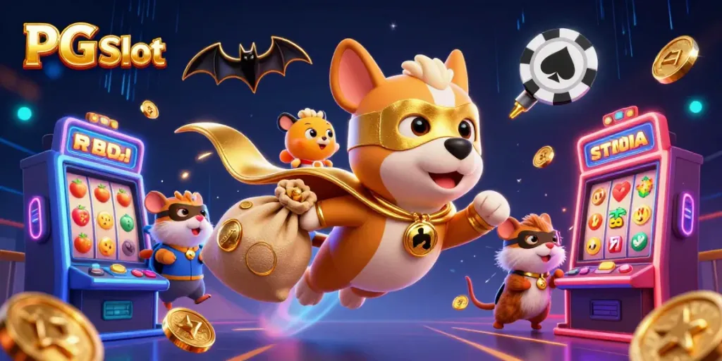 PG Slot: Gambarkan slot 3D dengan anjing superhero dan hamster, dikelilingi simbol game yang menarik.