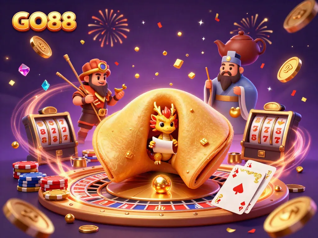 Experience thrilling gaming action with GO88's vibrant casino-themed illustration featuring golden treasures and game elements.
