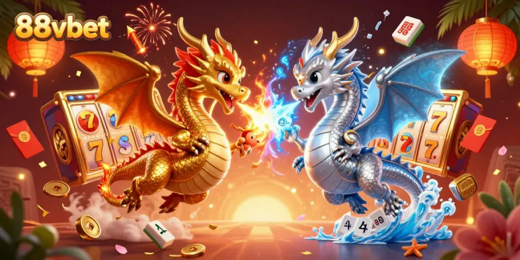 Join the thrill at 88vbet with golden dragons and slot game excitement in a vibrant 3D illustration.