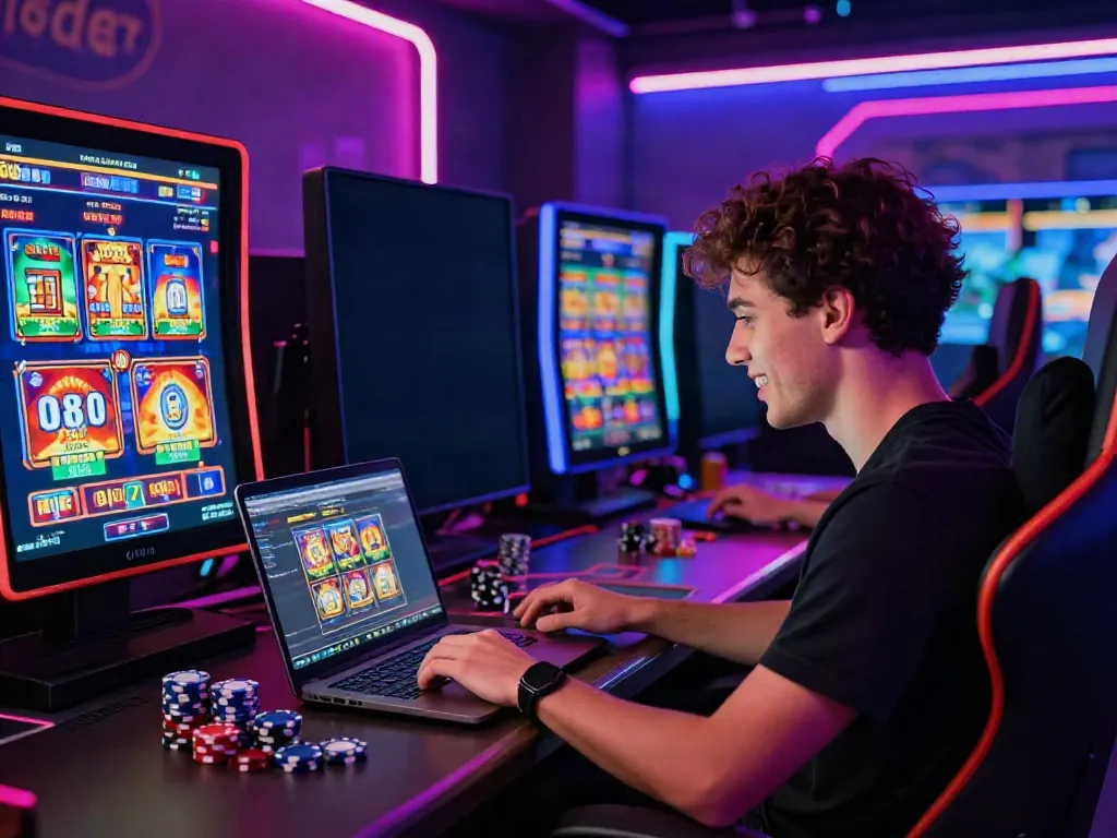 User engaging with situs slot777 games online, surrounded by gaming elements and vibrant neon lights.