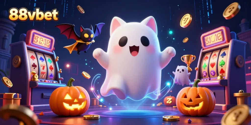 Experience thrilling wins at 88vbet with a lively ghost cat and vampire bat in a haunted casino scene.