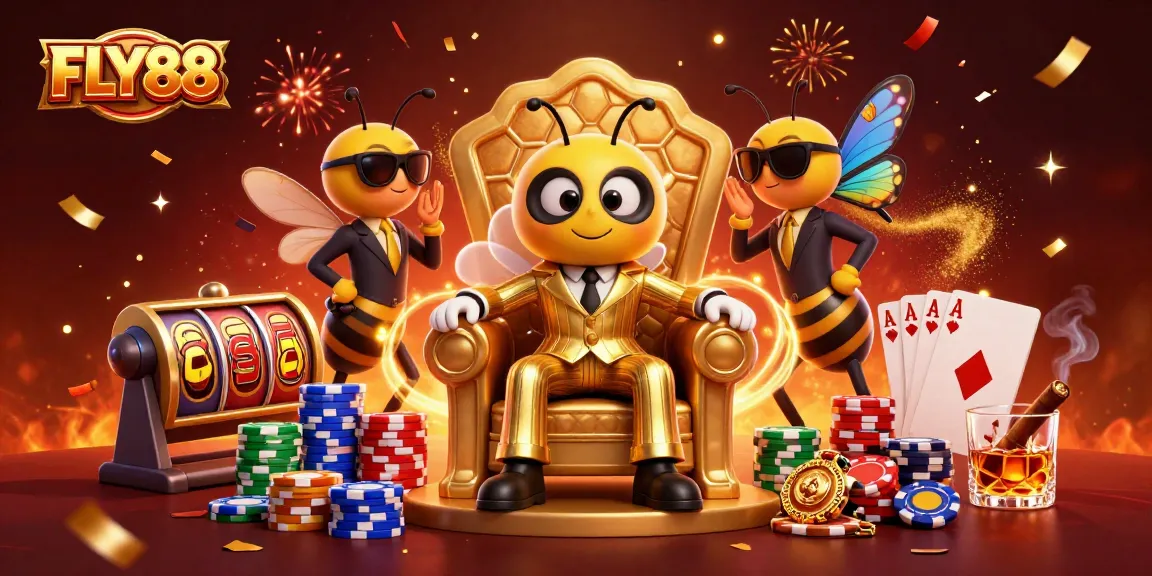 Experience thrilling play at FLY88 with dynamic slot reels and characters in a vibrant casino scene.