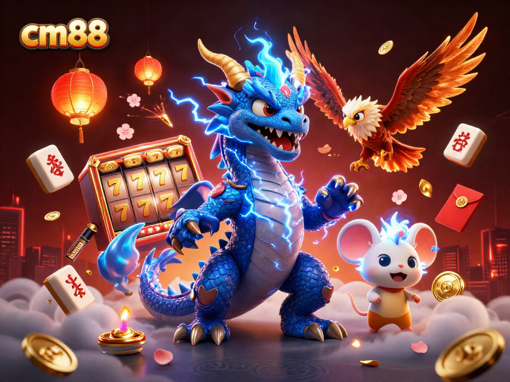Engage with cm88's thrilling slot games featuring a thunder dragon and vibrant casino elements