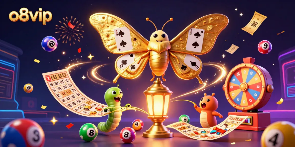 Win with o8vip as a vibrant 3D illustration shows casino excitement and lottery games.
