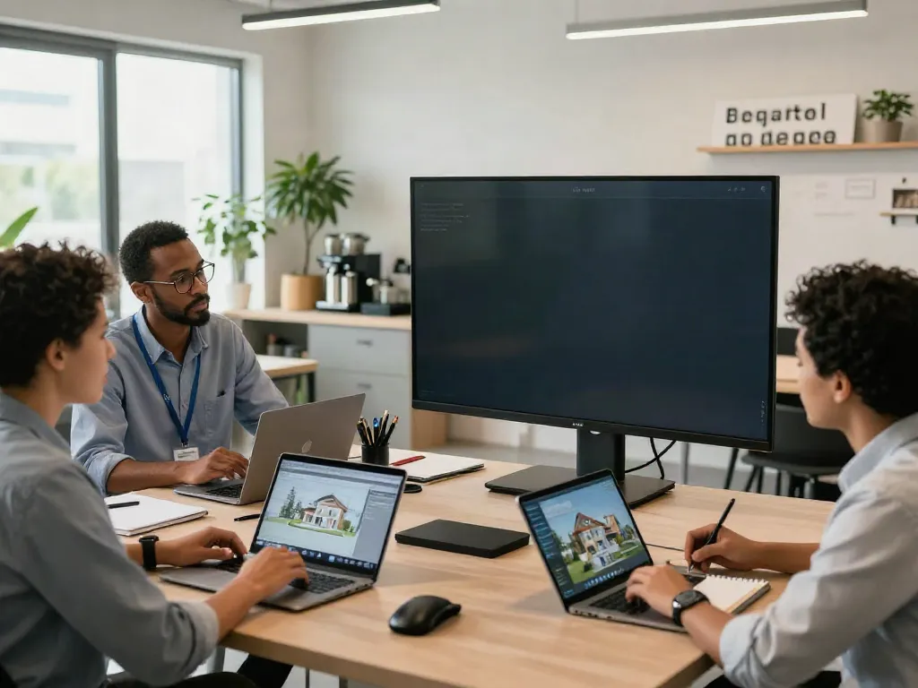 Collaboration in a modern office as professionals view it through digital reports.