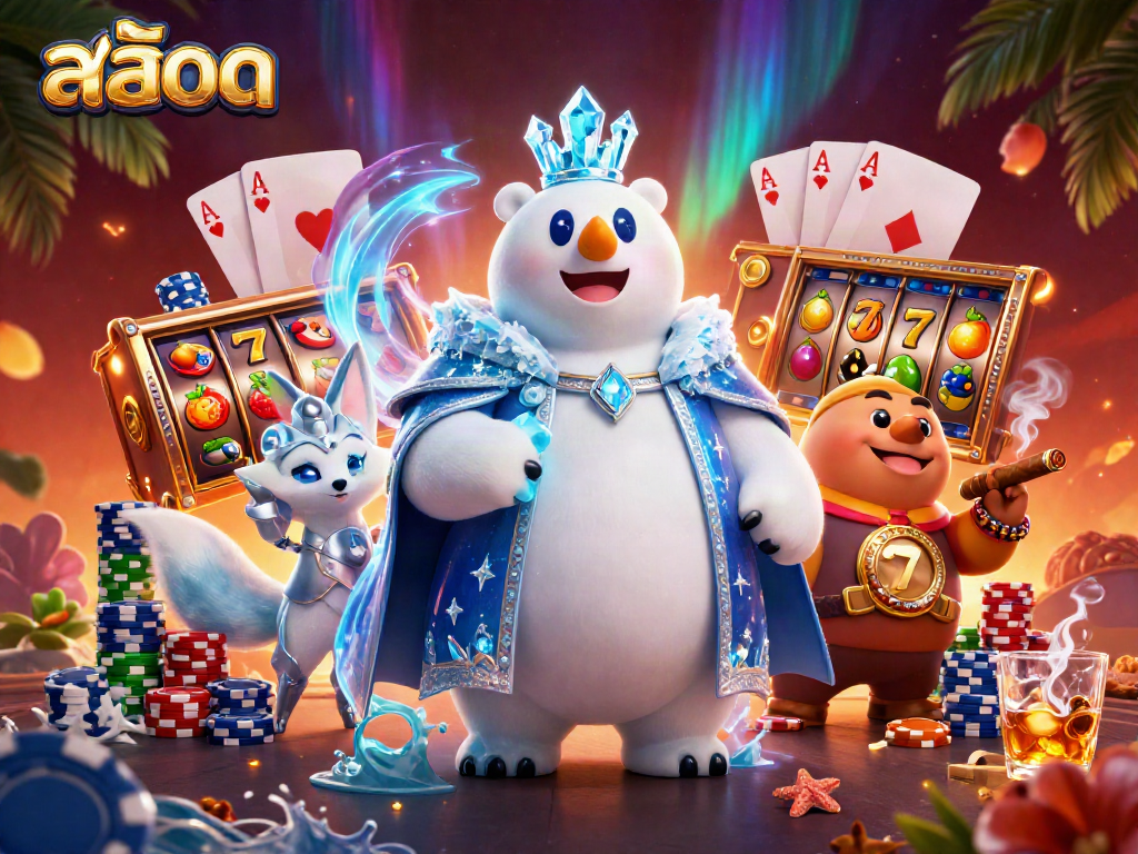 Enjoy thrilling สล็อต gameplay with a 3D ice king polar bear and a snow fox in an energetic casino scene.