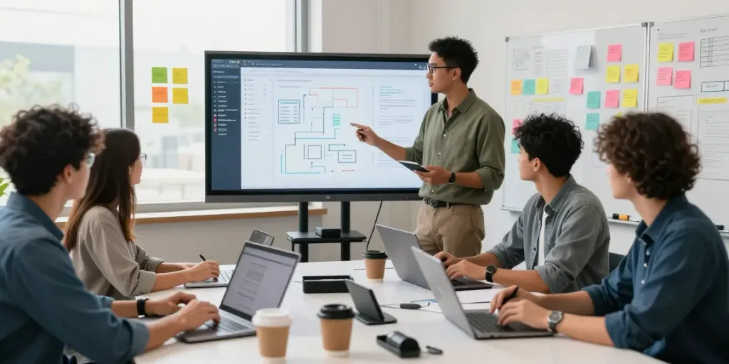 Dynamic team collaboration in an MVP development service environment with wireframes and tech gadgets.