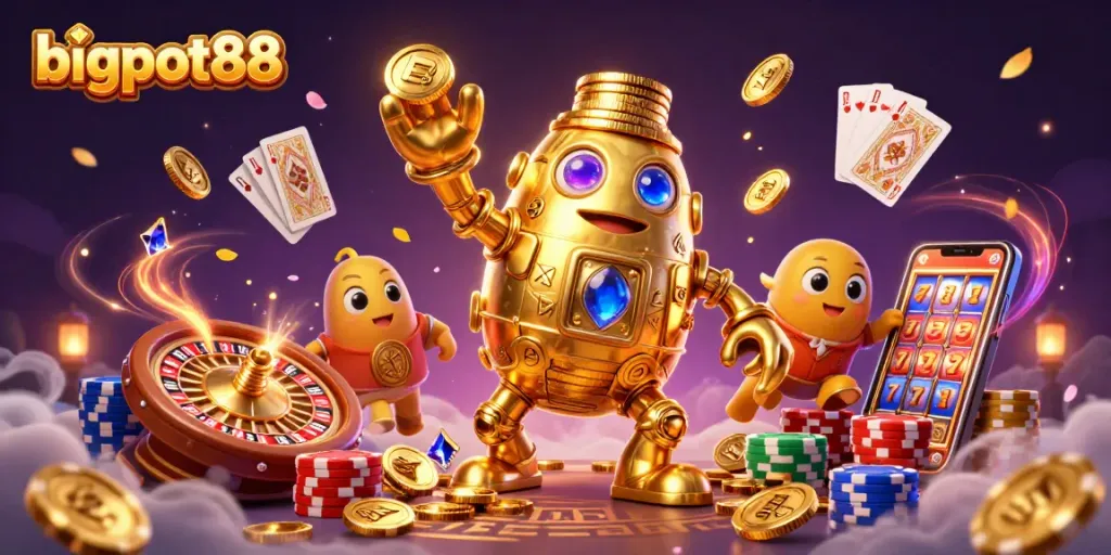 Permainan slot bigpot88 dengan simbol slot dan koin emas berkilauan.