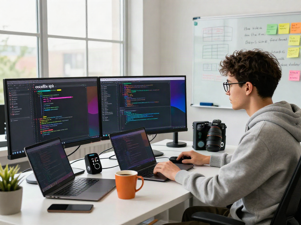Engaging workspace where a developer codes the cocoflix apk, surrounded by tech gadgets and a dynamic atmosphere.