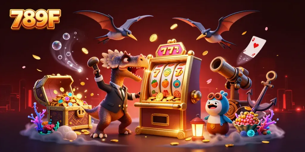 Experience thrilling jackpots at 789F as a pachycephalosaurus activates a golden slot machine.