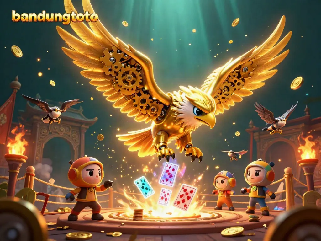 Experience thrilling gaming with bandungtoto's 3D golden eagle amidst cards and casino elements.