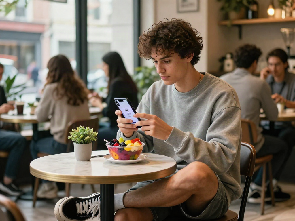 Young man taking an attractive test at a café while enjoying a colorful smoothie bowl and vibrant atmosphere.